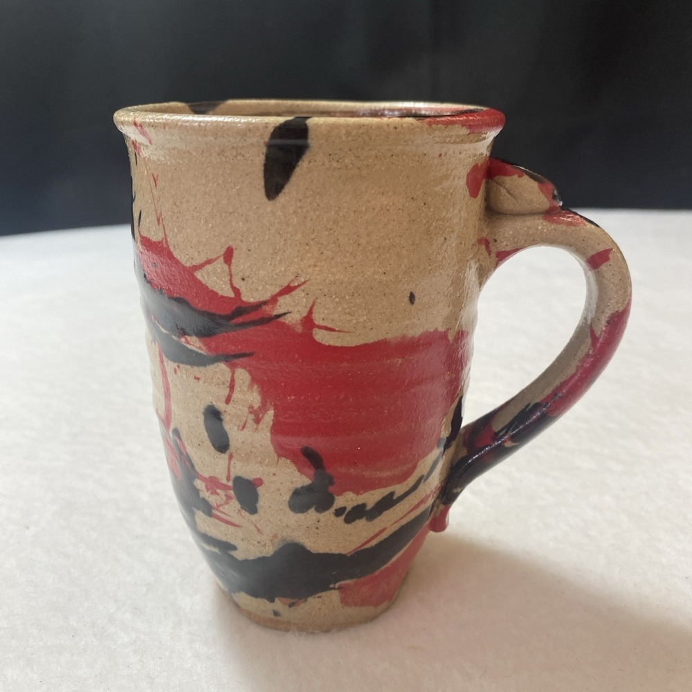 Joel Cherrico Stoneware Coffee Mug Beige Red Black Splatter Studio Pottery